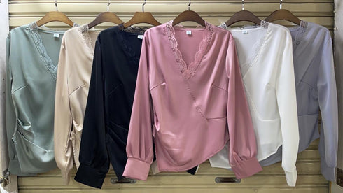 Women High Quality Satin Long Sleeves Lacey V-Neck Border Tops